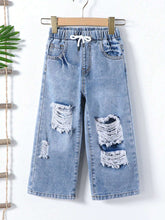 Young Girl Street Style Cool Light Blue Washed, Ripped, Cut-Out, Drawstring, Elastic Waistband, Wide Leg Jeans.